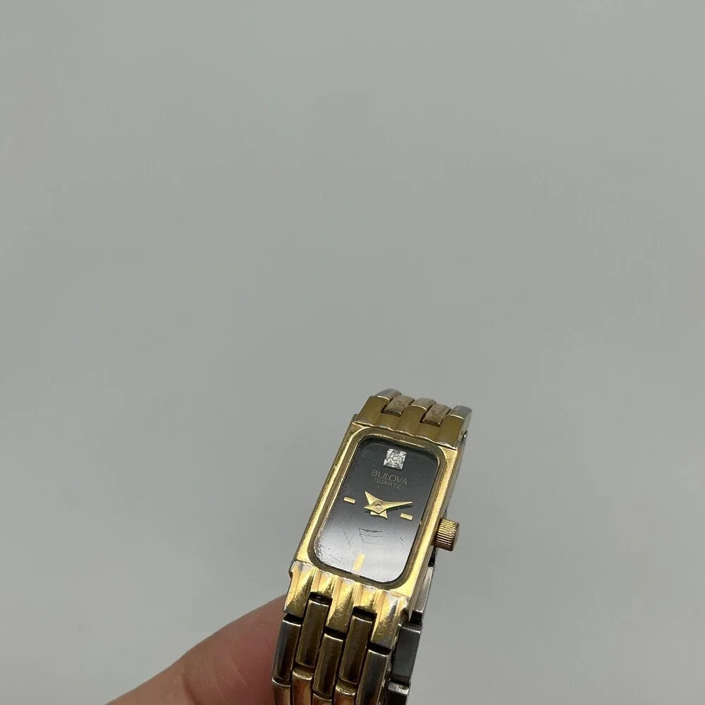 Vintage Bulova Womens Watch 12mm Black Dial Gold Tone Diamond New Battery